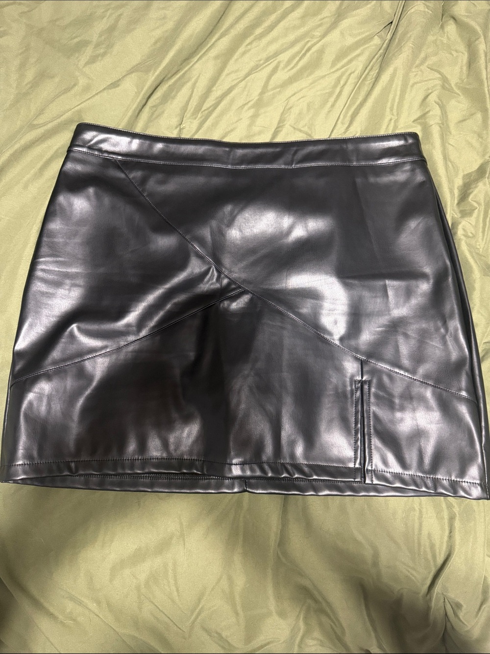 Sleek Black Faux Leather Mini Skirt with Diagonal Paneling